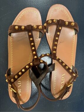 Prada suede brown flat sandals gold studs size 40